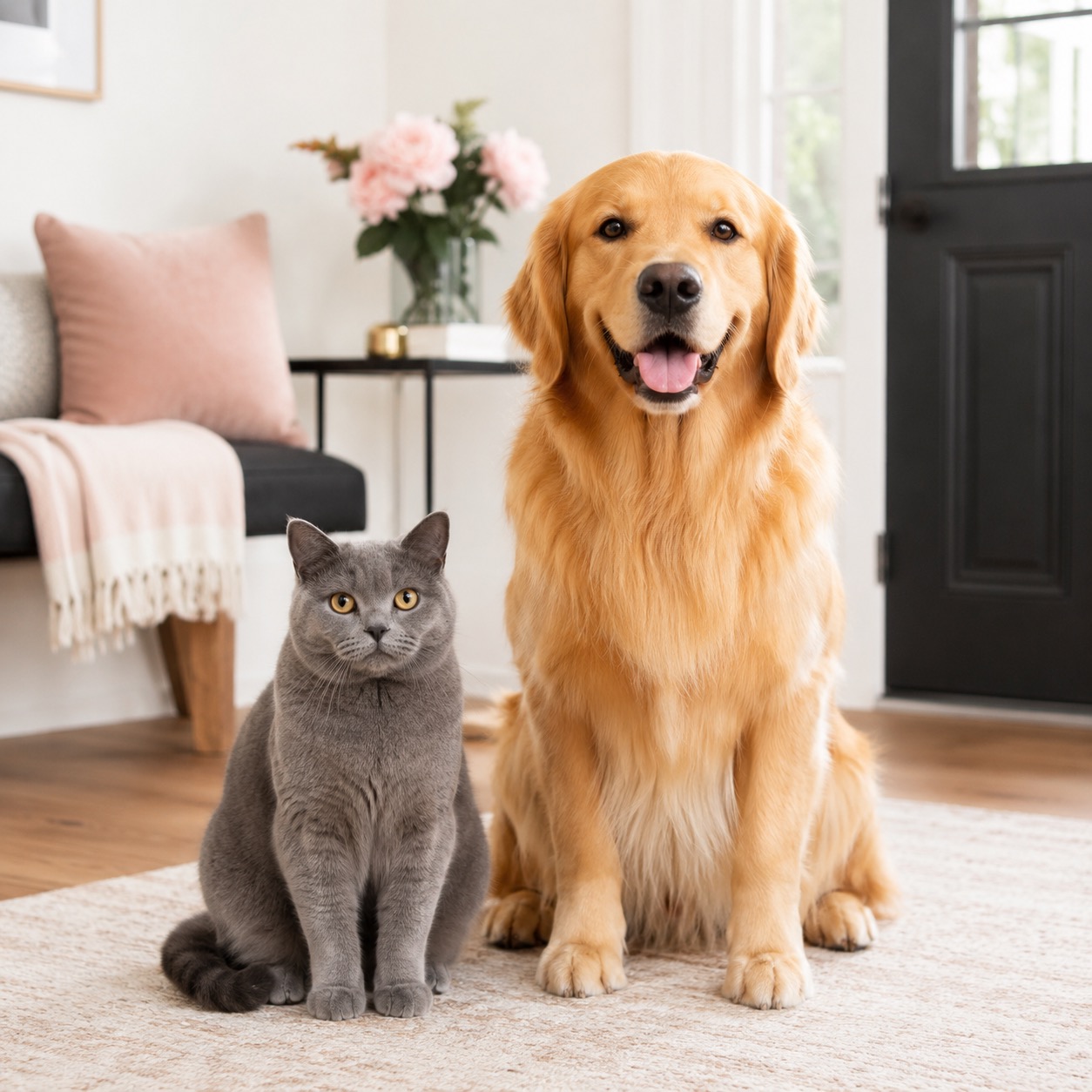 A golden retriever and a grey British Shorthair cat sitting calmly together on a living room rug at home